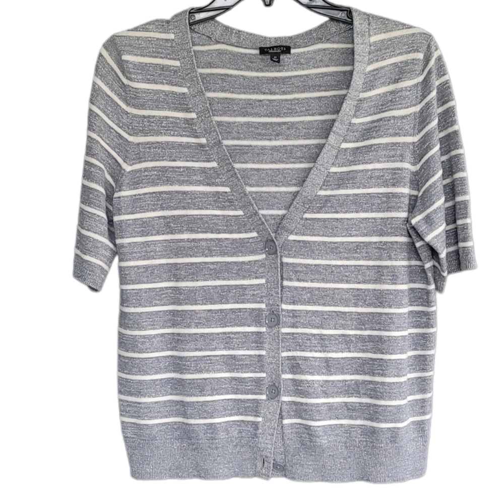 Talbots Gray White Striped Button Front Cardigan M - image 1